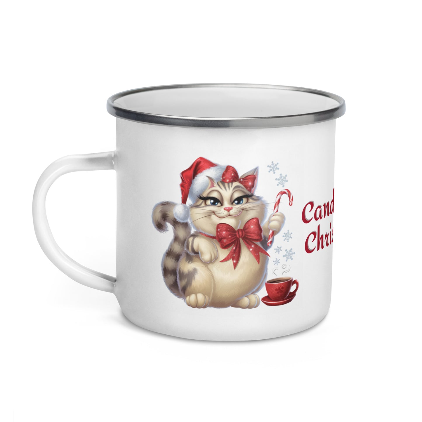 Christmas cat enamel mug with Santa cat illustration and candy cane design