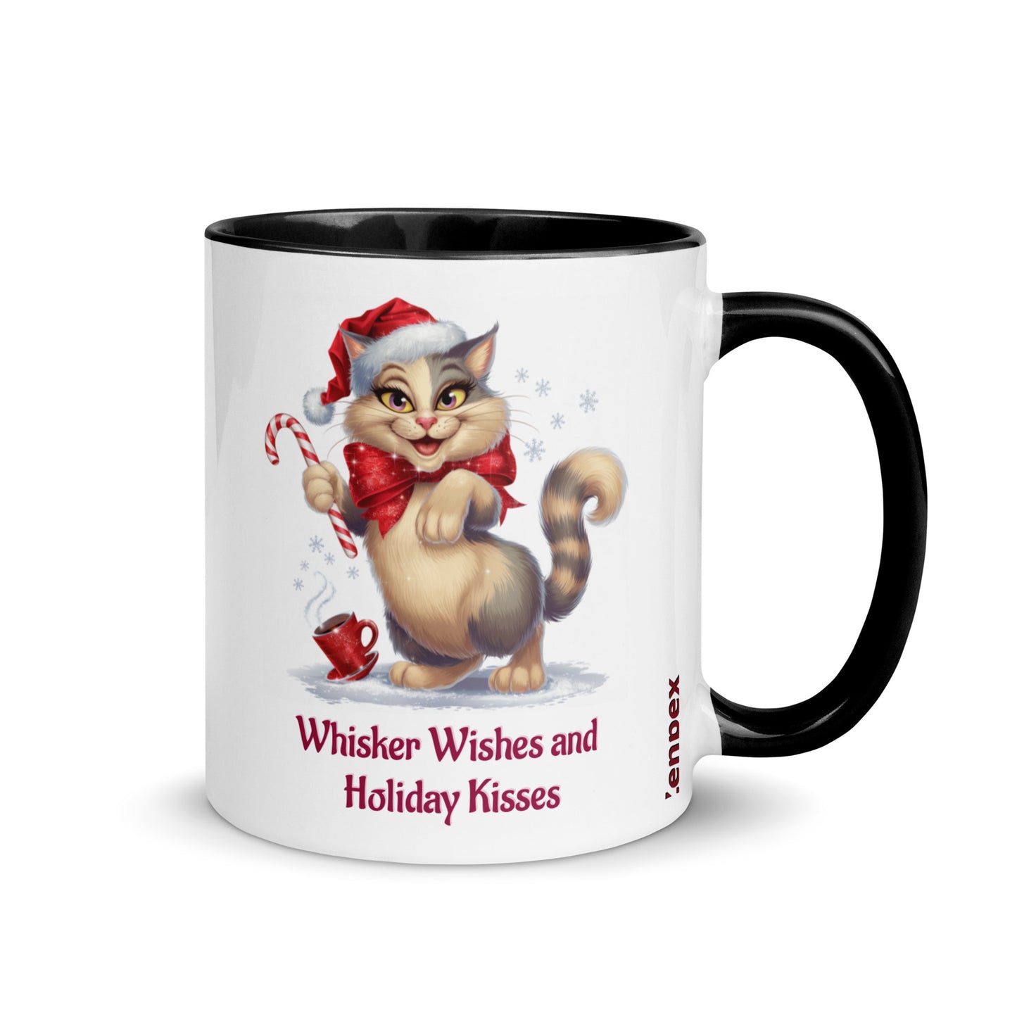 Festive cat mug with Whisker Wishes and Holiday Kisses design featuring cat wearing red scarf and holding candy cane on white ceramic mug