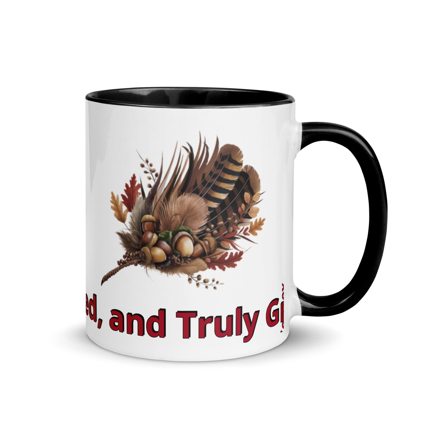 Thankful and Grateful fall mug with turkey feather design on white ceramic cup