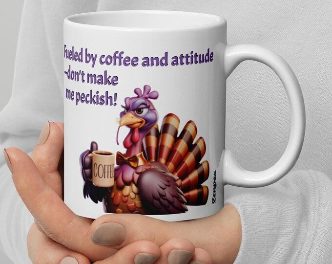 Fueled by Coffee and Attitude Turkey Mug – Funny Thanksgiving Gift, Sassy Turkey Coffee Cup, Holiday Humor Mug